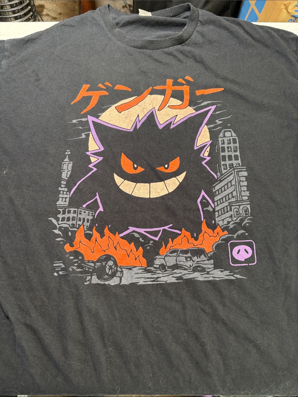 Gildan Black Gengar Graphic Tee with Orange & Purple Accents